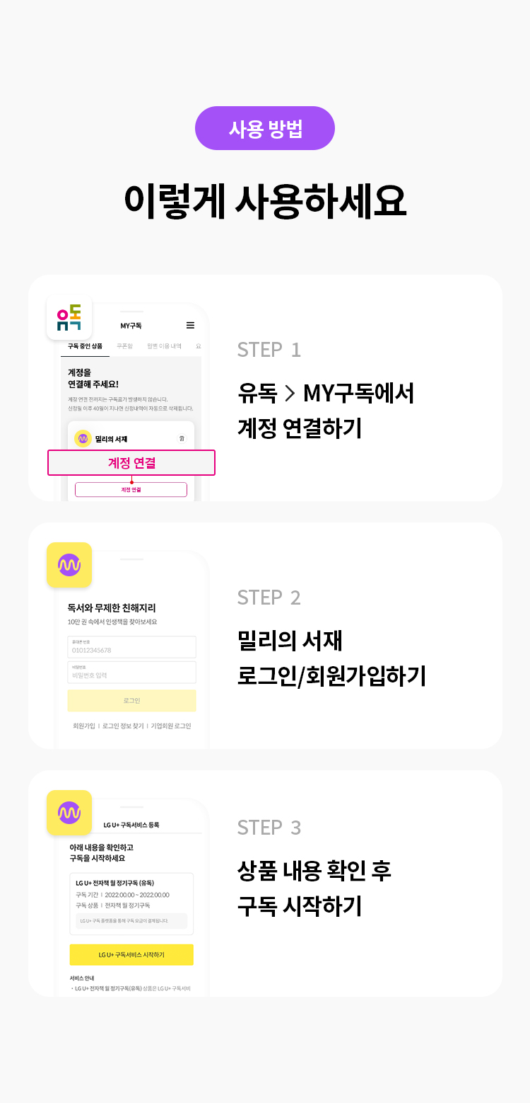 사용 방법 
이렇게 사용하세요
STEP 1 유독> MY구독에서 계정 연결하기 
STEP 2 밀리의 서재 로그인/회원가입하기
STEP 3 상품 내용 확인 후 구독 시작하기