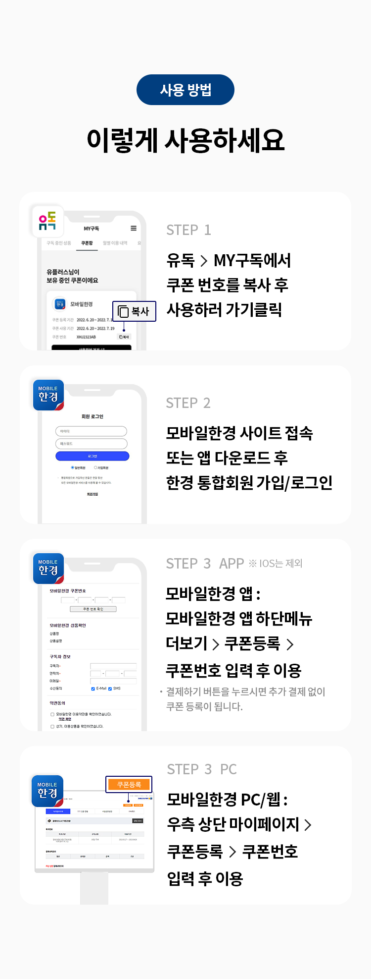 사용 방법 
이렇게 사용하세요 
STEP 1 유독> MY 계정에서 쿠폰 번호를 복사 후 복사 사용하러 가기클릭 
STEP 2 모바일한경 사이트 접속 또는 앱 다운로드 후 한경 통합회원가입/로그인 
STEP 3 APP ※IOS는 제외 모바일한경앱: 모바일한경 앱 하단메뉴 더보기>쿠폰등록 > 쿠폰번호 입력 후 이용  결제하기 버튼을 누르시면 추가 결제 없이 쿠폰 등록이 됩니다. 
STEP 3 PC 모바일한경 PC/웹: 우측 상단 마이페이지 > 쿠폰등록 > 쿠폰번호 입력 후 이용