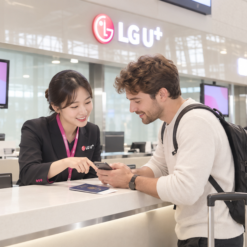LG U+ roaming center booth and counter, a foreign tourist getting help from staff