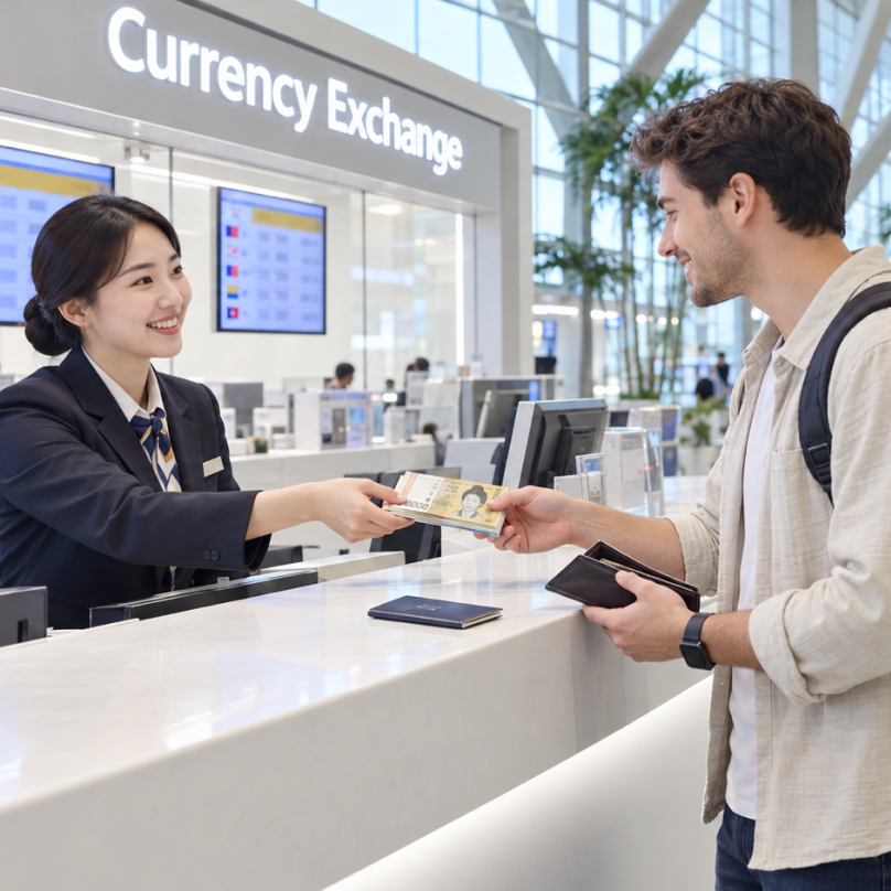 A foreign tourist exchanging currency at the exchange counter
