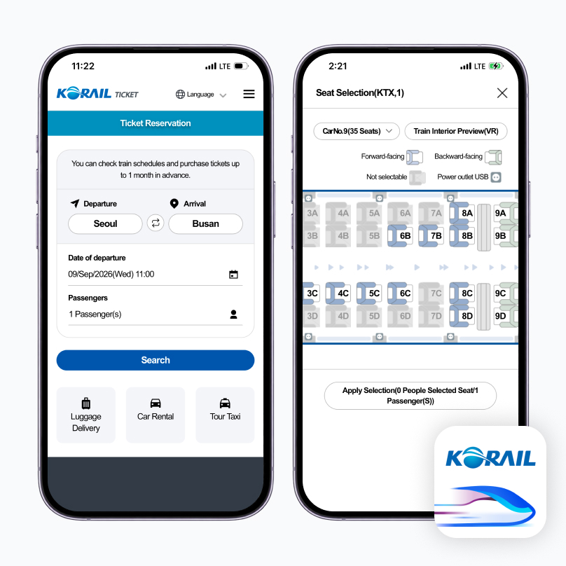 Korail+ KTX ticket booking and seat selection screen