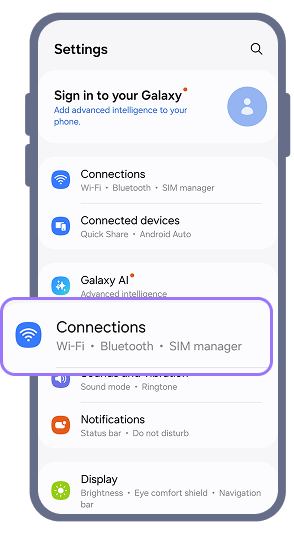 1. On your Android phone, go to 'Settings' and select 'Connections' and then 'SIM Manager' in sequence.