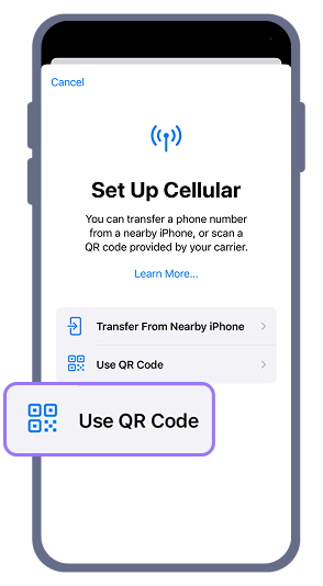 2. When the Cellular Settings screen appears, select 'Use QR Code' and scan the QR code of the received product.