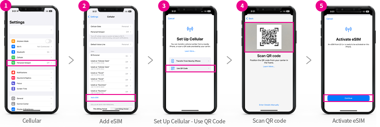 settings > cellular > add cellular plan > QR code reading