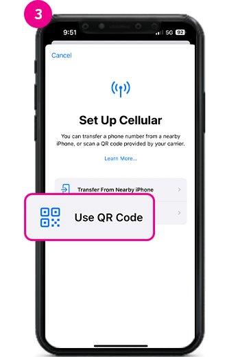 3. Tap on 'Use QR Code' on the 'Set Up Cellular' screen