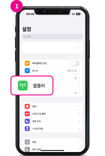 1. '설정' 메뉴에서 '셀룰러' 버튼을 선택하세요.