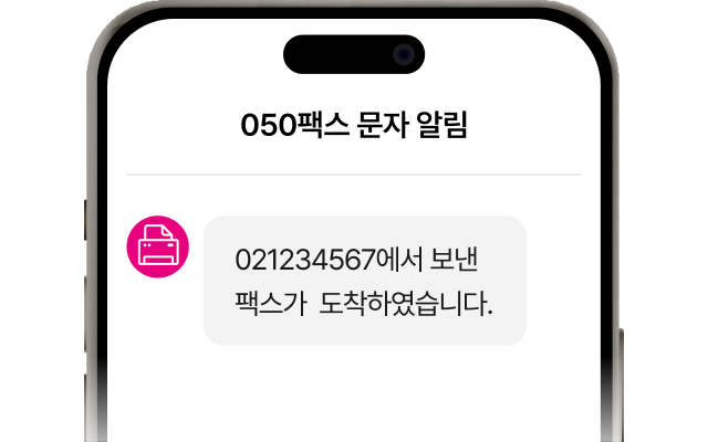 '050팩스 문자 알림' 화면. '021234567에서 보낸 팩스가 도착하였습니다.'라는 문자 메시지 예시를 통해 수신된 팩스를 문자 알림으로 확인할 수 있음을 보여준다.