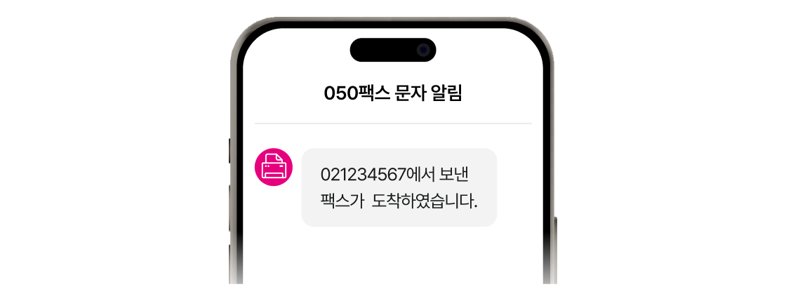 '050팩스 문자 알림' 화면. '021234567에서 보낸 팩스가 도착하였습니다.'라는 문자 메시지 예시를 통해 수신된 팩스를 문자 알림으로 확인할 수 있음을 보여준다.