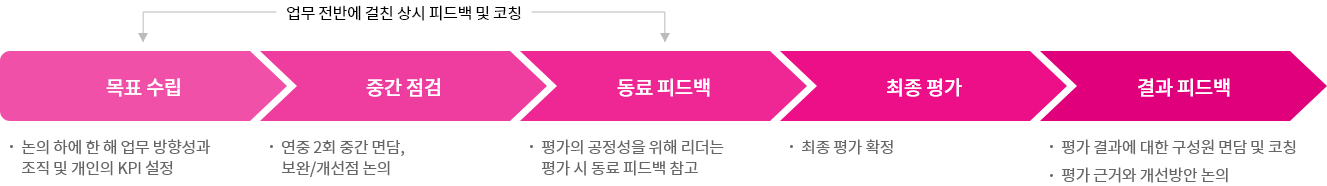 목표 수립:한 해 업무 방향성 논의, 조직 및 개인 KPI 설정, 중간 점검:연 2회 중간 면담, 보완 및 개선점 논의, 동료 피드백:공정한 평가를 위해 동료 피드백 참고, 최종 평가:최종 평가 확정, 결과 피드백: 평가 결과에 대한 면담 및 코칭, 평가 근거와 개선방안 논의