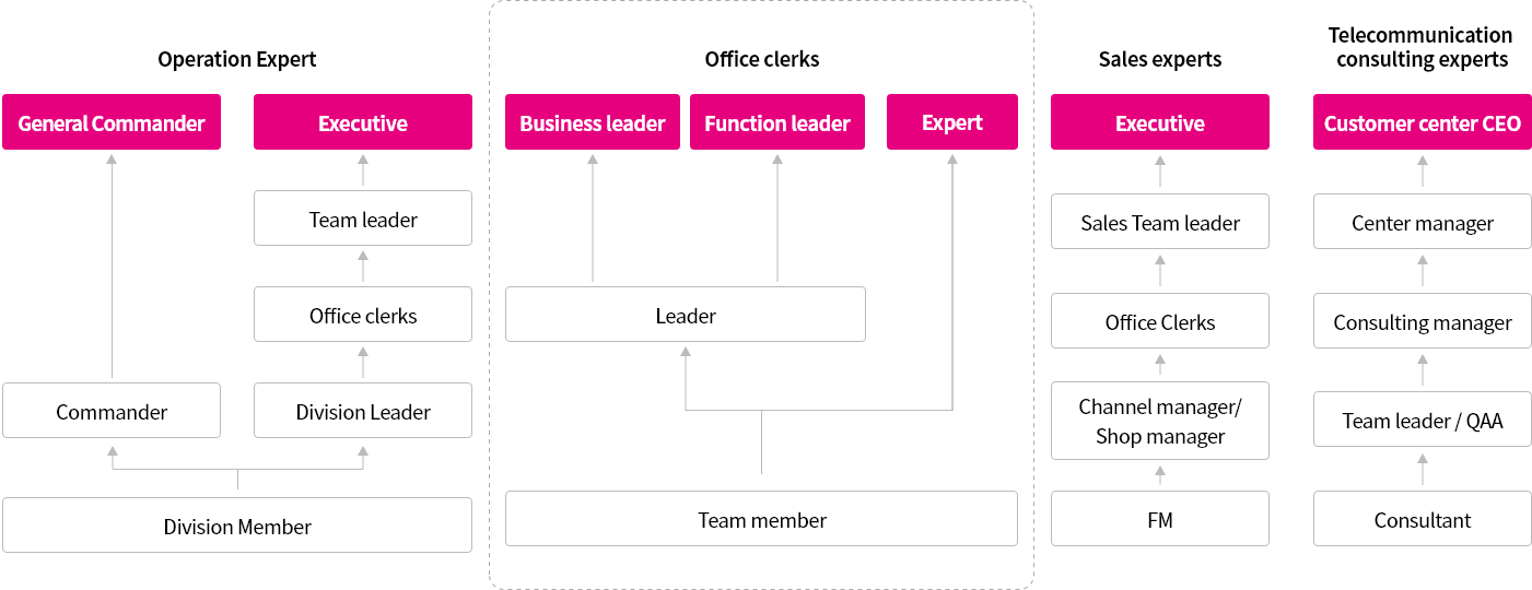 The talent development system is divided into four areas: operation experts, office clerks, sales experts, and telecommunication counsulting experts.
            1. Operations experts can start as division members and grow into general
            commander or executives, and the detailed talent development system is as follows.
            1) Division member → Commander → General commander
            2) Division member → Division Leader → Office clerks → Team leader → Executive
            2. Office clerks can grow from team members to business leaders, function leaders,
            and experts. The detailed talent development system is as follows.
            1) Team Member → Leader → Business leaders or Function Leader
            2) Team member → Expert
            3. Sales experts can grow into executives starting with FM, and the detailed talent
            development system is as follows.
            1) FM → Channel Manager/Shop manager → Office Clerks → Sales Team Leader →
            Executive
            4. Telecommunications counseling experts can start as consultant and grow into
            customer center CEOs. The detailed talent development system is as follows.
            1) Consultant → Team Leader/QAA → Consultant Manager → Center Manager →
            Customer Center CEO