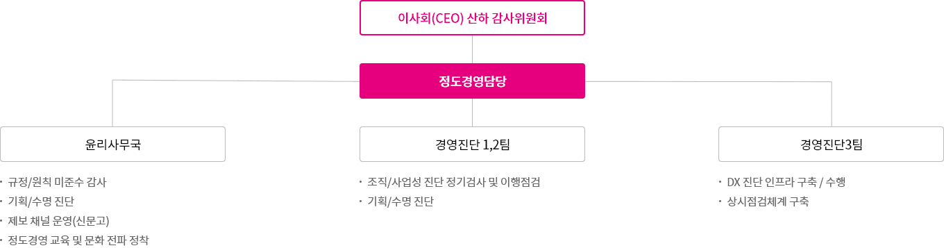 이사회 산하 감사위원회 하위 정도경영담당 : 윤리사무국(규정/원칙 미준수 감사, 기획/수명 진단, 제보 채널 운영(신문고), 정도경영 교육 및 문화 전파 정착), 경영진단 1,2팀(조직/사업성 진단 정기검사 및 이행점검, 기획/수명 진단), 내부통제관리팀(리스크 관리/통제(Risk Management), 회계 감사, 기획/수명 진단)