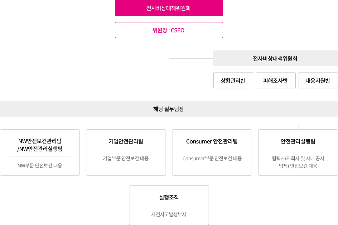 CEO-CHO(하위 부동산/안전관리담당)-NW 부문(NW안전보건관리팀/NW안전관리실행팀), 기업 부문(기업안전관리팀), 고객서비스/품질혁신센터(고객서비스/품질혁신안전관리팀), 기타부문(기술/영업부문 등)(안전관리기획팀)