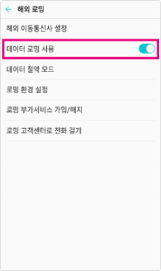 데이터 로밍 사용을 체크하지 않습니다.